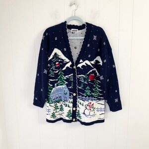 Adele Knitwear Vintage Christmas Winter Scene Cardigan Sweater Navy Blue Small